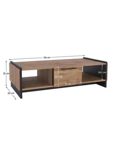 Măsuță de cafea AMONI 1S living, 126x60x35 cm, PAL lamina stejar wotan/negru | MobilaOK