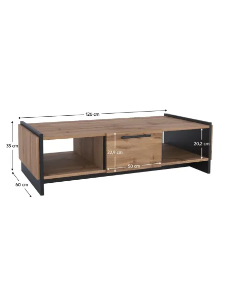 Măsuță de cafea AMONI 1S living, 126x60x35 cm, PAL lamina stejar wotan/negru | MobilaOK