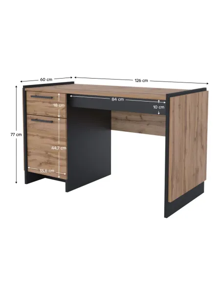 Birou PC AMONI, 126x60x77 cm, PAL melaminat stejar wotan/negru | MobilaOK