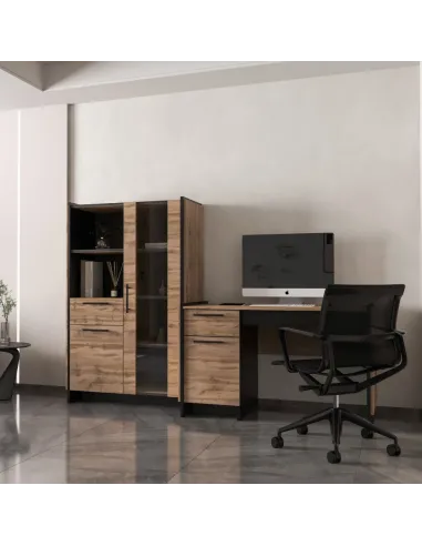 Birou PC AMONI, 126x60x77 cm, PAL melaminat stejar wotan/negru | MobilaOK