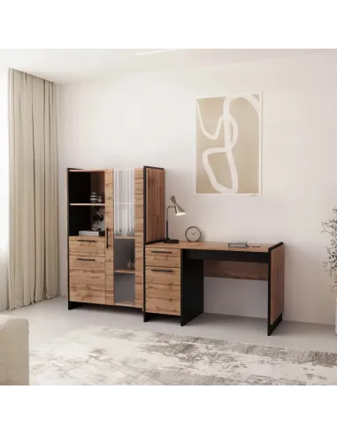 Birou PC AMONI, 126x60x77 cm, PAL melaminat stejar wotan/negru | MobilaOK