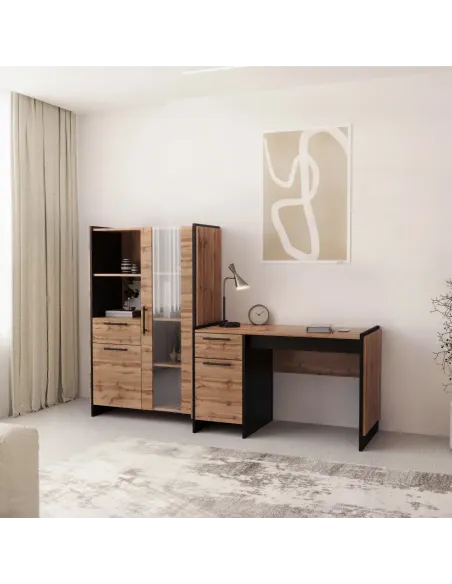 Birou PC AMONI, 126x60x77 cm, PAL melaminat stejar wotan/negru | MobilaOK
