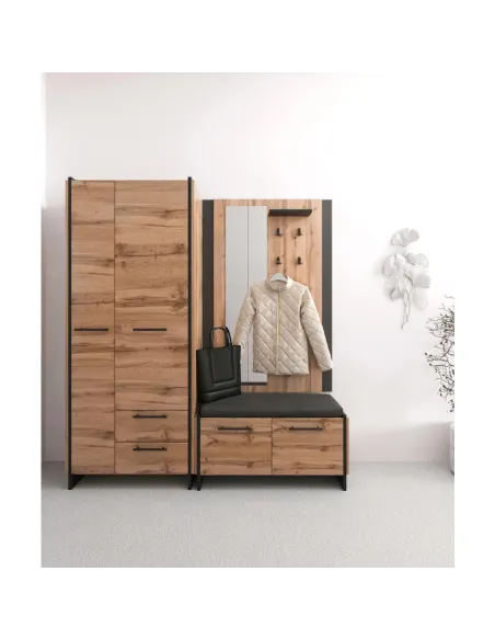 Dulap AMONI, dormitor/hol, 82x45x192.5 cm, PAL melaminat stejar wotan/negru | MobilaOK