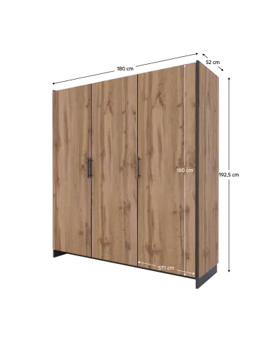 Dulap AMONI 3D, dormitor/hol, 180x52x192.5 cm, PAL melaminat stejar wotan/negru | MobilaOK