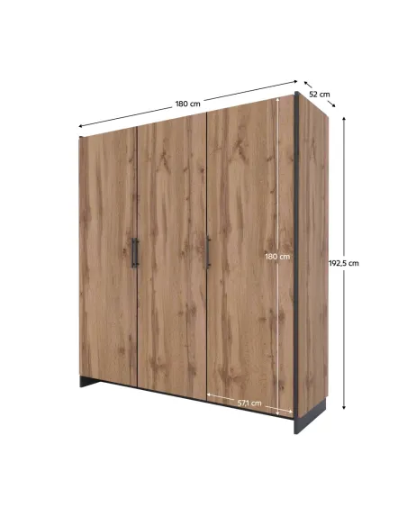 Dulap AMONI 3D, dormitor/hol, 180x52x192.5 cm, PAL melaminat stejar wotan/negru | MobilaOK