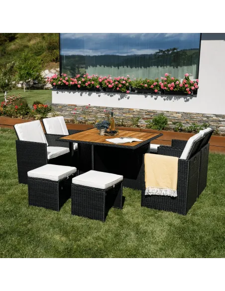 Set Grădină MELFORD, Terasă/Grădină, 109x109x75 cm, Ratan Tehnic și Lemn de Salcâm | MobilaOK