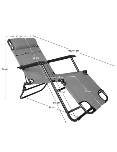 Scaun de grădină REGED, transformabil în șezlong, gri, 60x105x84 cm, Oțel și Textil Oxford | MobilaOK
