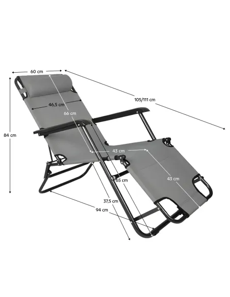 Scaun de grădină REGED, transformabil în șezlong, gri, 60x105x84 cm, Oțel și Textil Oxford | MobilaOK
