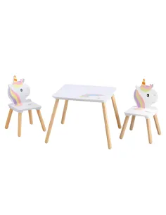 Set Masă și Scaune KONDELA, motiv unicorn, cameră copii, 50x50x42.5 cm, MDF și lemn de pin | MobilaOK