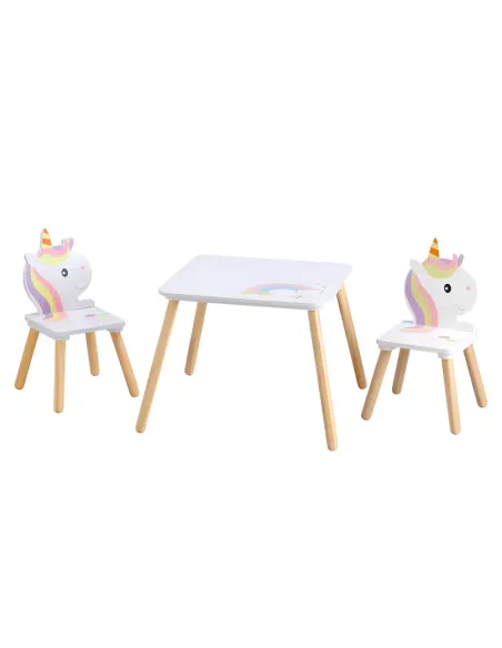 Set Masă și Scaune KONDELA, motiv unicorn, cameră copii, 50x50x42.5 cm, MDF și lemn de pin | MobilaOK