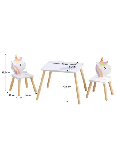 Set Masă și Scaune KONDELA, motiv unicorn, cameră copii, 50x50x42.5 cm, MDF și lemn de pin | MobilaOK