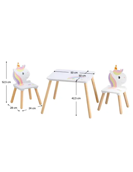 Set Masă și Scaune KONDELA, motiv unicorn, cameră copii, 50x50x42.5 cm, MDF și lemn de pin | MobilaOK