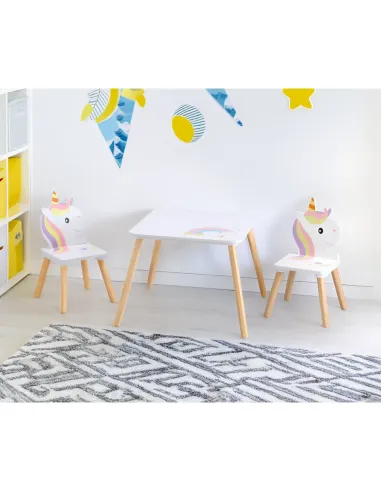 Set Masă și Scaune KONDELA, motiv unicorn, cameră copii, 50x50x42.5 cm, MDF și lemn de pin | MobilaOK