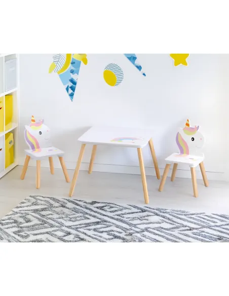 Set Masă și Scaune KONDELA, motiv unicorn, cameră copii, 50x50x42.5 cm, MDF și lemn de pin | MobilaOK