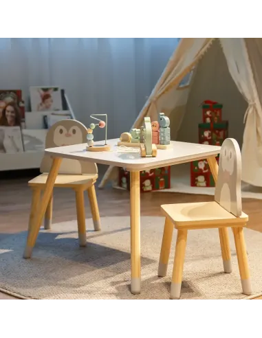 Set pentru copii KONDELA, motiv pinguin, 50x50x42.5 cm, MDF și lemn de pin | MobilaOK