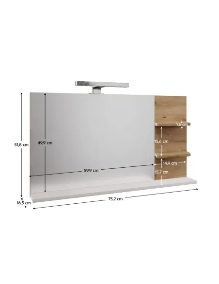 Oglindă cu LED, CUBO, hol/dormitor, 75x17x52 cm, PAL/stejar | MobilaOK