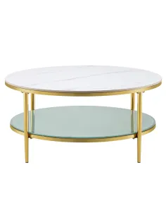 Masă de cafea ENION 2 NEW living, Ø100x45cm, placă piatră marmură, sticlă, oțel auriu | MobilaOK