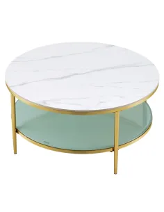Masă de cafea ENION 2 NEW living, Ø100x45cm, placă piatră marmură, sticlă, oțel auriu | MobilaOK 2
