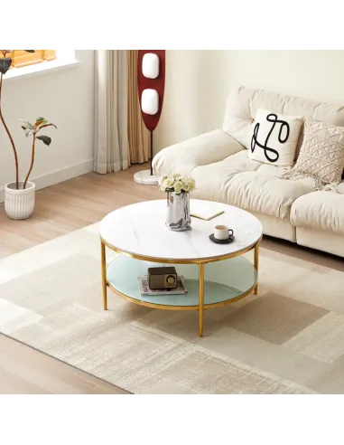 Masă de cafea ENION 2 NEW living, Ø100x45cm, placă piatră marmură, sticlă, oțel auriu | MobilaOK