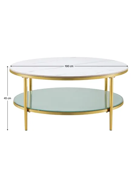 Masă de cafea ENION 2 NEW living, Ø100x45cm, placă piatră marmură, sticlă, oțel auriu | MobilaOK