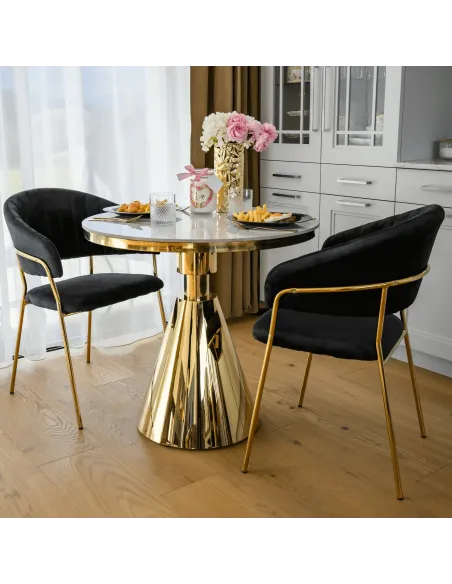 Masă de sufragerie GREIS, rotundă 80x75 cm, blat piatră 1.1 cm, oțel auriu | MobilaOK