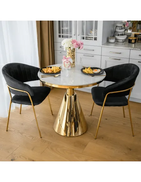 Masă de sufragerie GREIS, rotundă 80x75 cm, blat piatră 1.1 cm, oțel auriu | MobilaOK