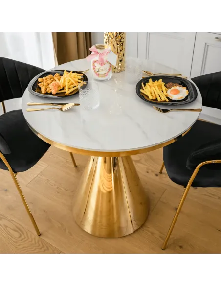 Masă de sufragerie GREIS, rotundă 80x75 cm, blat piatră 1.1 cm, oțel auriu | MobilaOK