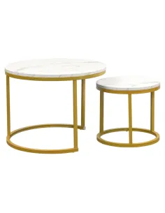 Măsuțe de cafea DAMON, living, Ø60/38x44/34 cm, MDF/Metal, finisaj auriu/marmură | MobilaOK