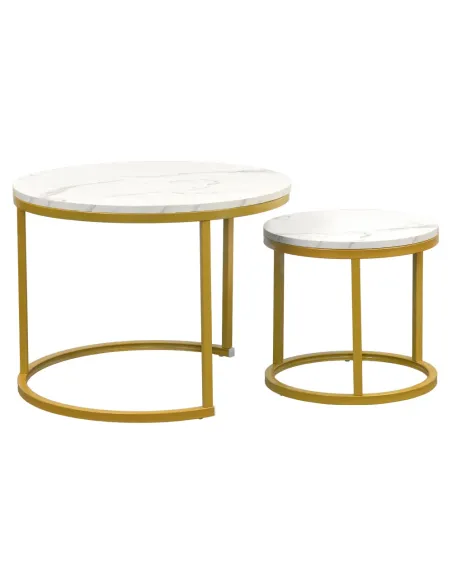 Măsuțe de cafea DAMON, living, Ø60/38x44/34 cm, MDF/Metal, finisaj auriu/marmură | MobilaOK