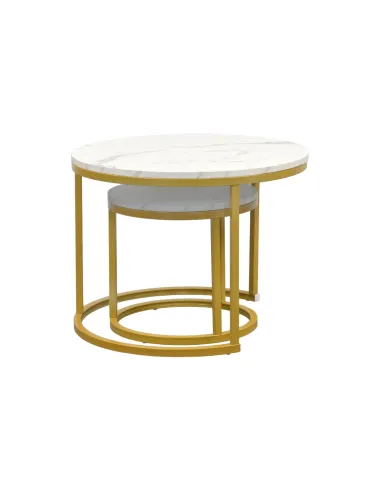 Măsuțe de cafea DAMON, living, Ø60/38x44/34 cm, MDF/Metal, finisaj auriu/marmură | MobilaOK