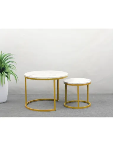 Măsuțe de cafea DAMON, living, Ø60/38x44/34 cm, MDF/Metal, finisaj auriu/marmură | MobilaOK