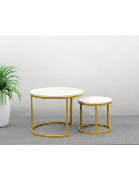 Măsuțe de cafea DAMON, living, Ø60/38x44/34 cm, MDF/Metal, finisaj auriu/marmură | MobilaOK