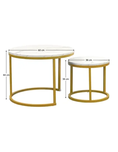 Măsuțe de cafea DAMON, living, Ø60/38x44/34 cm, MDF/Metal, finisaj auriu/marmură | MobilaOK
