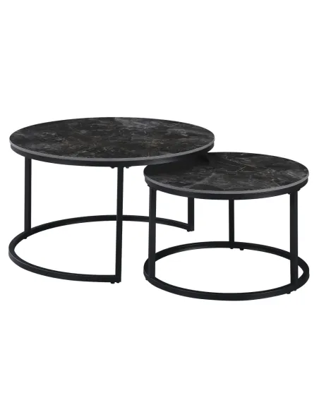 Măsuțe de cafea, set de 2, LASTRO, living, 80x43 cm & 60x37 cm, piatră șlefuită și metal | MobilaOK