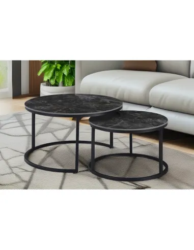 Măsuțe de cafea, set de 2, LASTRO, living, 80x43 cm & 60x37 cm, piatră șlefuită și metal | MobilaOK