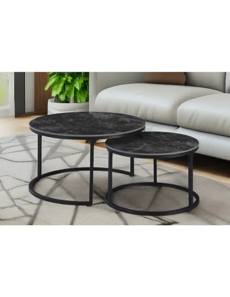 Măsuțe de cafea, set de 2, LASTRO, living, 80x43 cm & 60x37 cm, piatră șlefuită și metal | MobilaOK