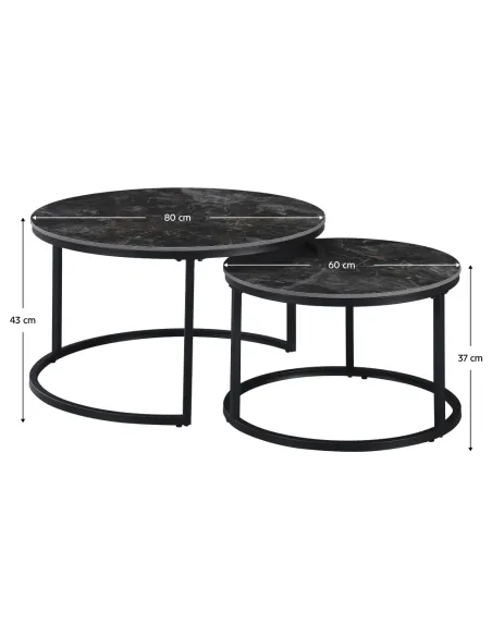 Măsuțe de cafea, set de 2, LASTRO, living, 80x43 cm & 60x37 cm, piatră șlefuită și metal | MobilaOK