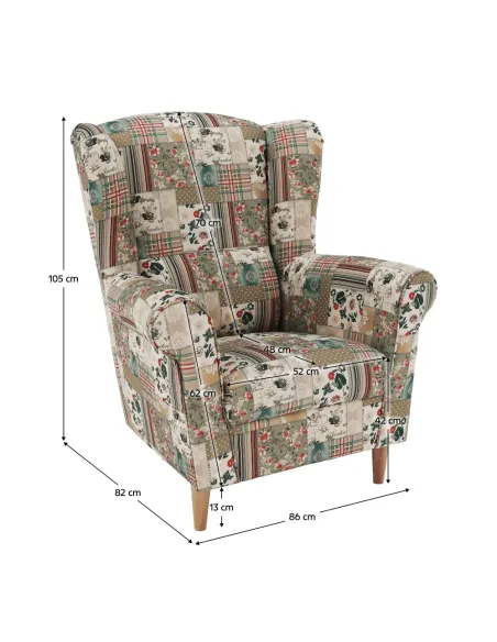 Fotoliu CHARLOT living, dormitor 86x105x82 cm, material textil patchwork, picioare lemn masiv | MobilaOK