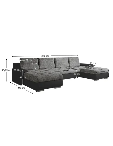 Canapea Extensibilă, TOLITA U UNI, living, 298x143x73/83 cm, piele ecologică și textil | MobilaOK