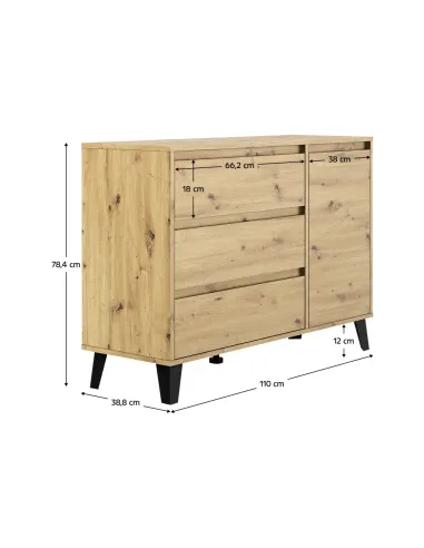 Comodă BOGAN NEW 1D3S pentru dormitor/hol, 110x38.8x78.4 cm, PAL melaminat stejar artisan | MobilaOK