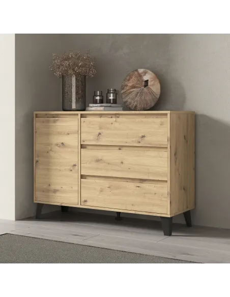 Comodă BOGAN NEW 1D3S pentru dormitor/hol, 110x38.8x78.4 cm, PAL melaminat stejar artisan | MobilaOK