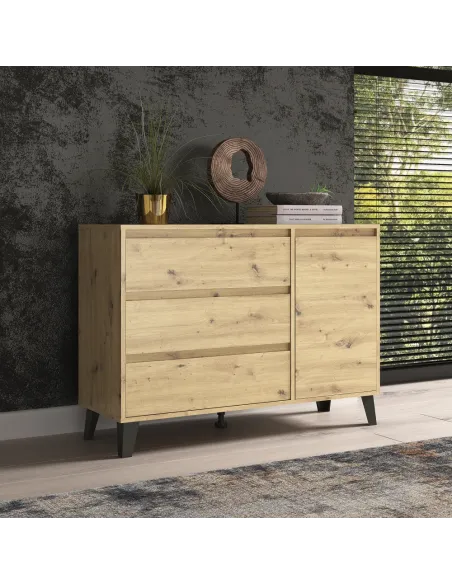 Comodă BOGAN NEW 1D3S pentru dormitor/hol, 110x38.8x78.4 cm, PAL melaminat stejar artisan | MobilaOK