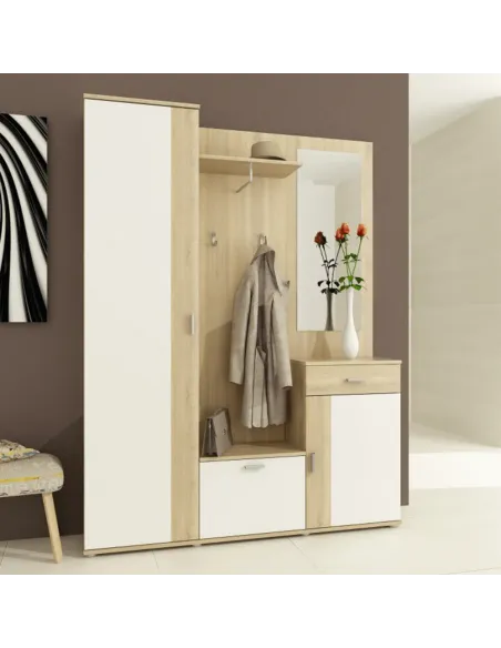 Ansamblu hol AMALIA, stejar sonoma/alb, 144x188x29 cm, PAL melaminat | MobilaOK