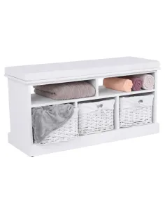 Bancă RAFAELLO cu 3 coșuri, hol/intrare, 94.5x48x35 cm, Lemn, Răchită, Textil | MobilaOK