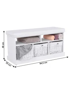 Bancă RAFAELLO cu 3 coșuri, hol/intrare, 94.5x48x35 cm, Lemn, Răchită, Textil | MobilaOK 2