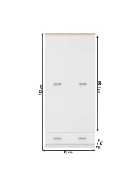 Dulap TOPTY, dormitior/hol/birou, 80x183x57 cm, PAL melaminat alb/stejar sonoma | MobilaOK