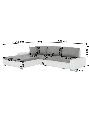 Colțar TONIKS, extensibil cu depozitare, living, 300x215x72 cm, piele ecologică albă/material gri | MobilaOK
