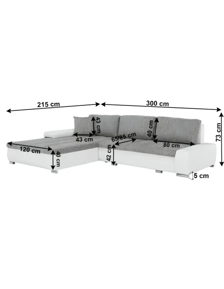 Colțar TONIKS, extensibil cu depozitare, living, 300x215x72 cm, piele ecologică albă/material gri | MobilaOK