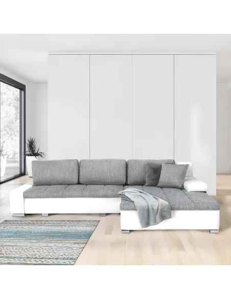 Colțar TONIKS, extensibil cu depozitare, living, 300x215x72 cm, piele ecologică albă/material gri | MobilaOK