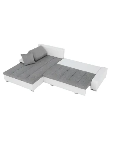 Colțar TONIKS, extensibil cu depozitare, living, 300x215x72 cm, piele ecologică albă/material gri | MobilaOK